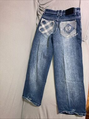 Phat Farm vintage Men's Blue Straight Jeans with Patterned Back Pockets